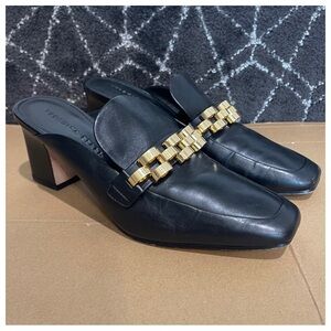 Veronica Beard Bera Black Leather Gold Chain Heeled Mules